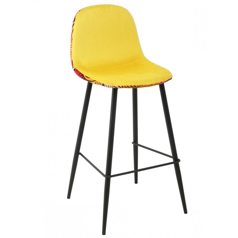 Taburete HORUS NEW, metal, tapizado velvet amarillo con trasera floral a juego