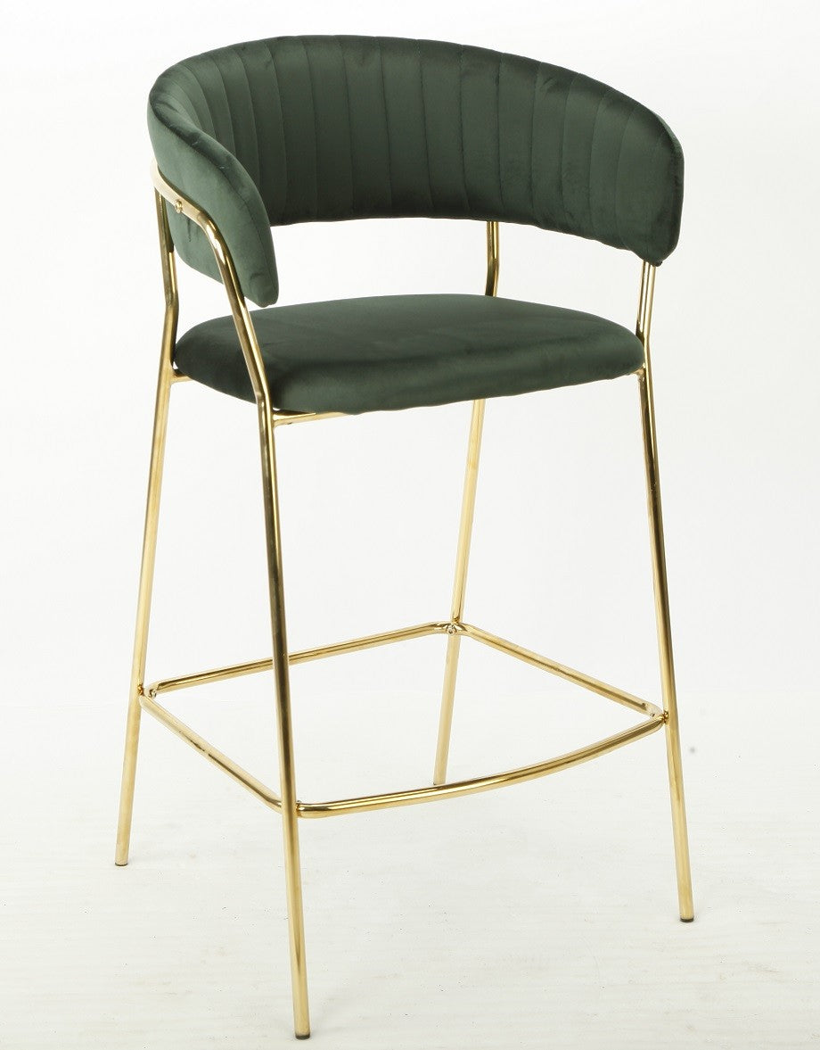 Taburete KEFREN, metal, cromado dorado, tapizado velvet verde oscuro